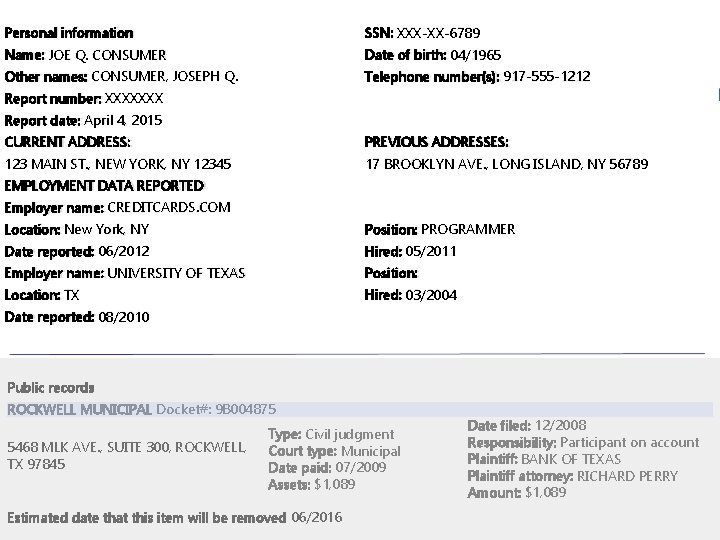 Personal information SSN: XXX-XX-6789 Name: JOE Q. CONSUMER Date of birth: 04/1965 Other names: