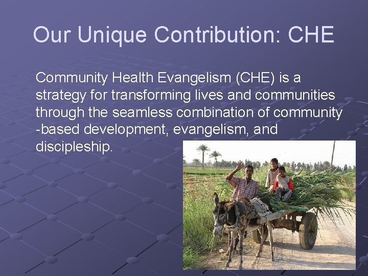 Our Unique Contribution: CHE Community Health Evangelism (CHE) is a strategy for transforming lives