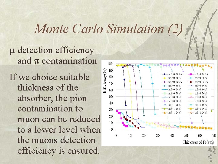 Monte Carlo Simulation (2) m detection efficiency and p contamination If we choice suitable