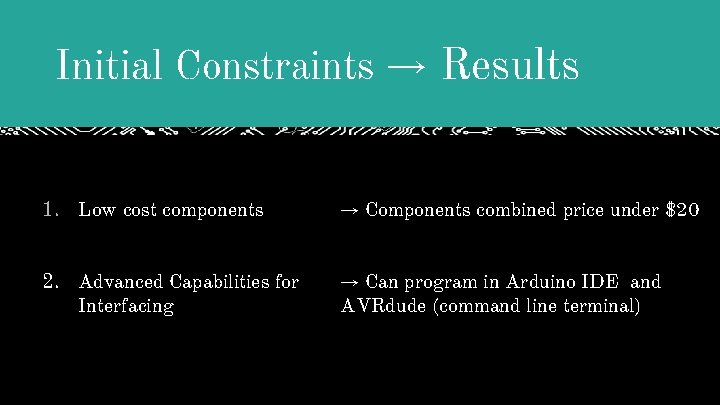 Initial Constraints → Results 1. Low cost components → Components combined price under $20 Initial Constraints → Results 1. Low cost components → Components combined price under $20