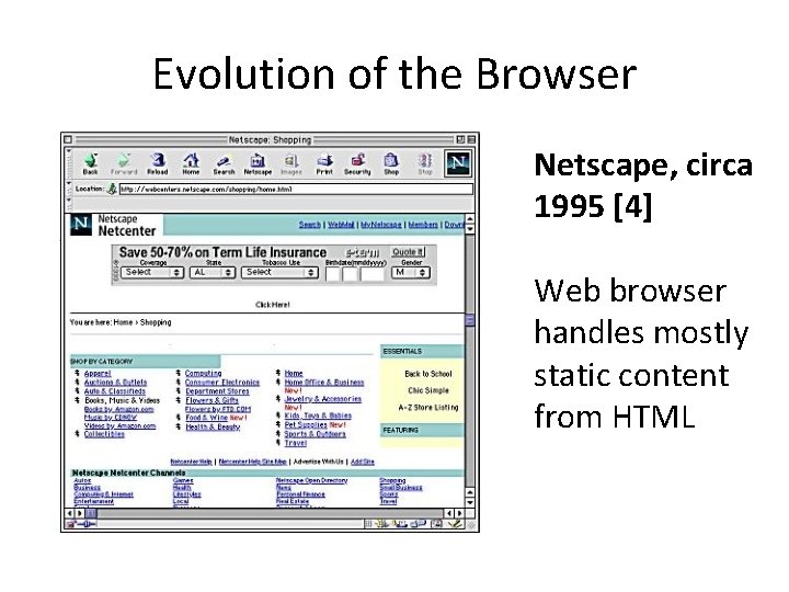 Evolution of the Browser Netscape, circa 1995 [4] Web browser handles mostly static content