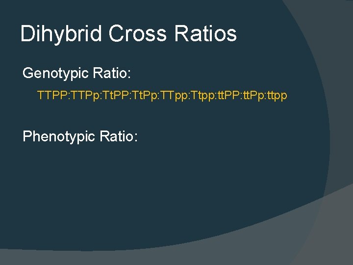Dihybrid Cross Ratios Genotypic Ratio: TTPP: TTPp: Tt. PP: Tt. Pp: TTpp: Ttpp: tt.