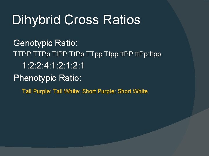 Dihybrid Cross Ratios Genotypic Ratio: TTPP: TTPp: Tt. PP: Tt. Pp: TTpp: Ttpp: tt.