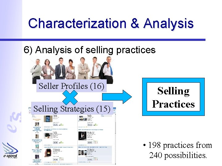 Characterization & Analysis 6) Analysis of selling practices Seller Profiles (16) Selling Strategies (15)