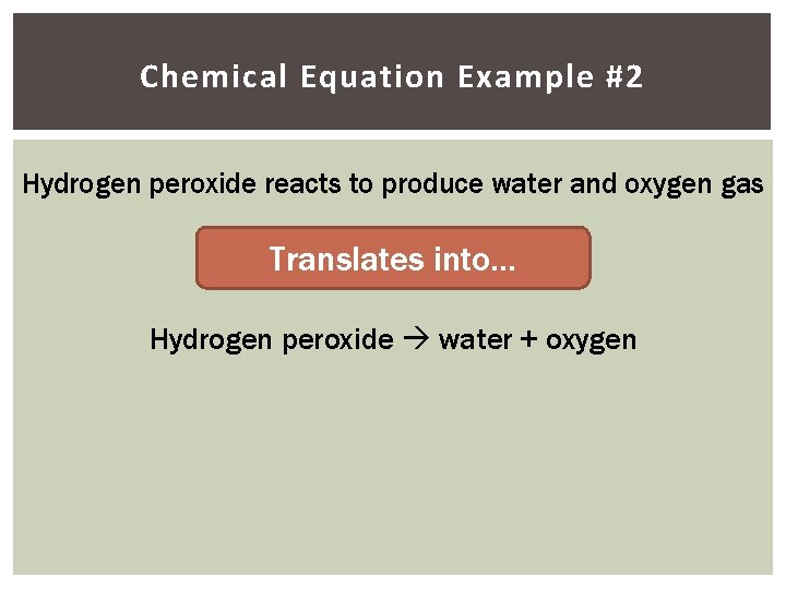 Chemical Equation Example #2 Hydrogen peroxide reacts to produce water and oxygen gas Translates