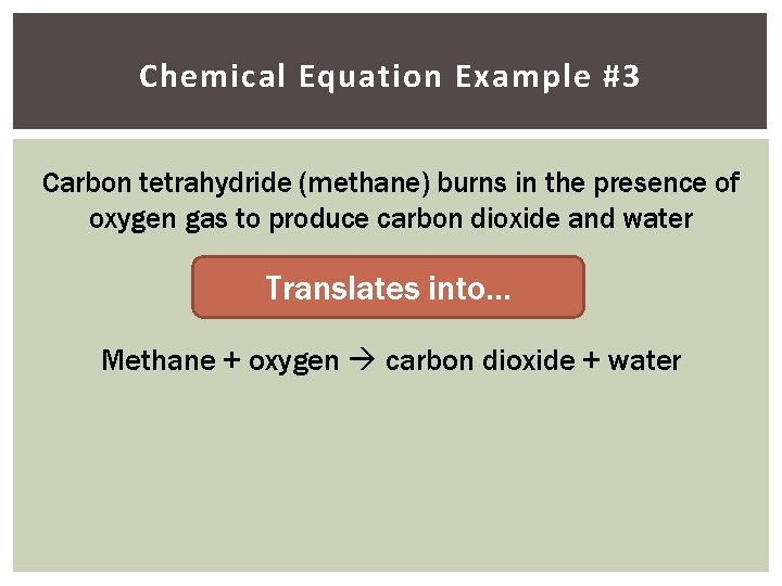 Chemical Equation Example #3 Carbon tetrahydride (methane) burns in the presence of oxygen gas