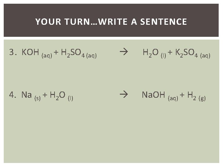 YOUR TURN…WRITE A SENTENCE 3. KOH (aq) + H 2 SO 4 (aq) H