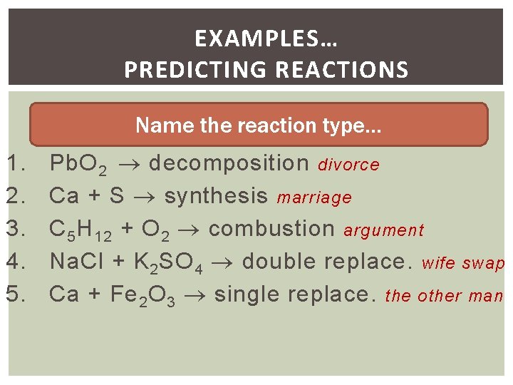 EXAMPLES… PREDICTING REACTIONS Name the reaction type… 1. 2. 3. 4. 5. Pb. O