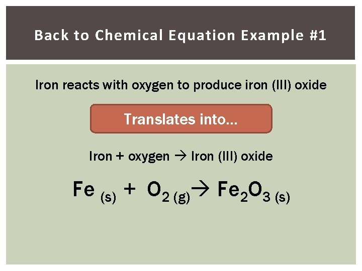 Back to Chemical Equation Example #1 Iron reacts with oxygen to produce iron (III)