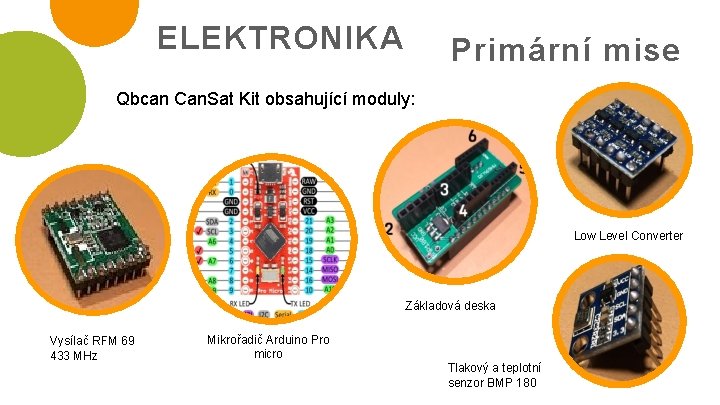 ELEKTRONIKA Primární mise Qbcan Can. Sat Kit obsahující moduly: Low Level Converter Základová deska