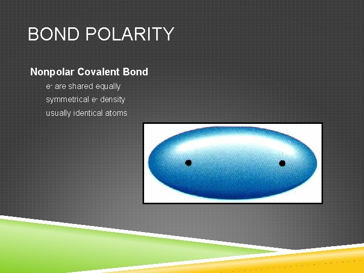 BOND POLARITY Nonpolar Covalent Bond e- are shared equally symmetrical e- density usually identical