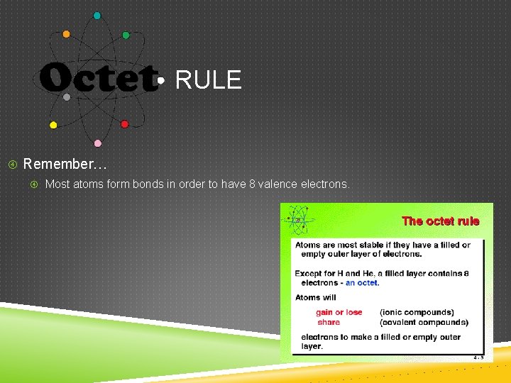 RULE Remember… Most atoms form bonds in order to have 8 valence electrons. 