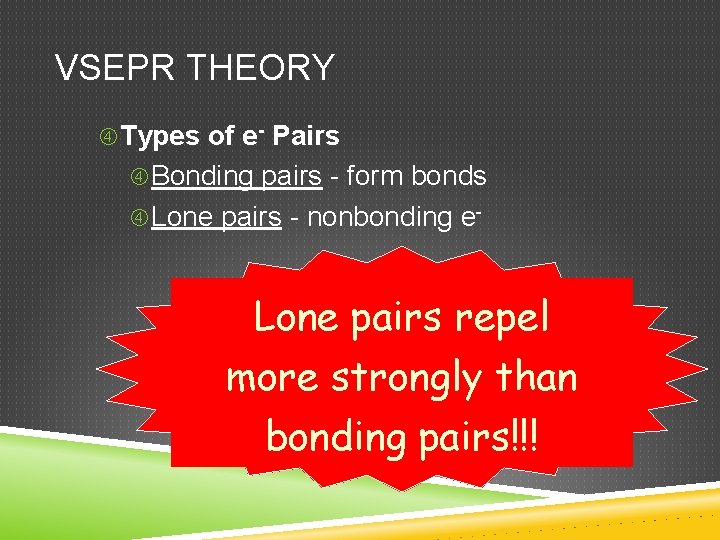 VSEPR THEORY Types of e- Pairs Bonding pairs - form bonds Lone pairs -