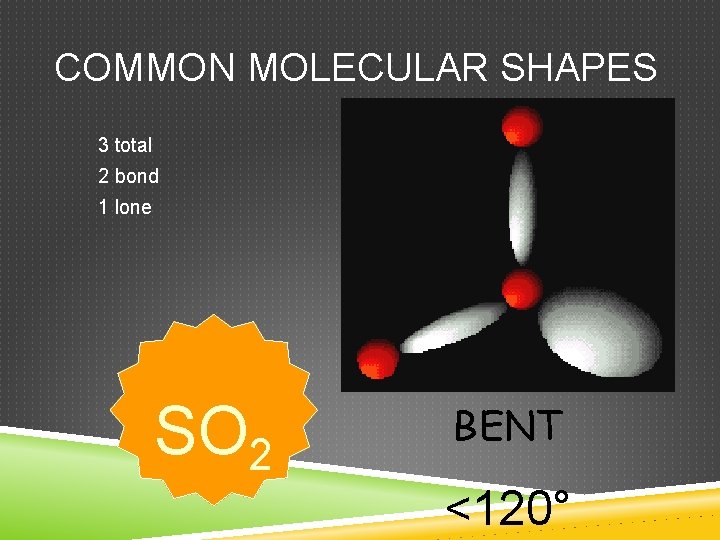 COMMON MOLECULAR SHAPES 3 total 2 bond 1 lone SO 2 BENT <120° 