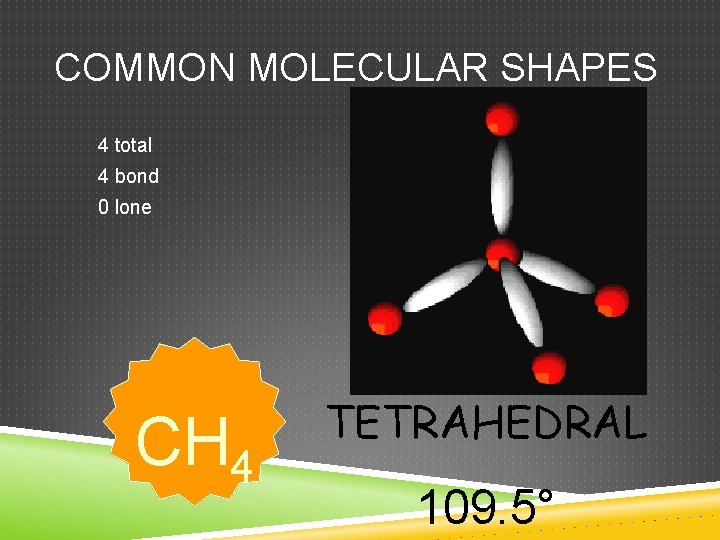 COMMON MOLECULAR SHAPES 4 total 4 bond 0 lone CH 4 TETRAHEDRAL 109. 5°