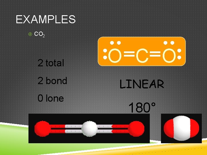 EXAMPLES CO 2 2 total 2 bond 0 lone O C O LINEAR 180°