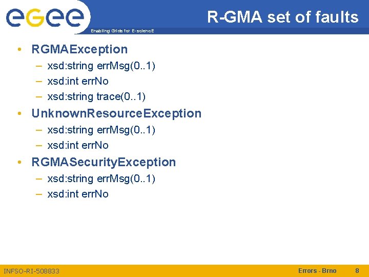 R-GMA set of faults Enabling Grids for E-scienc. E • RGMAException – xsd: string