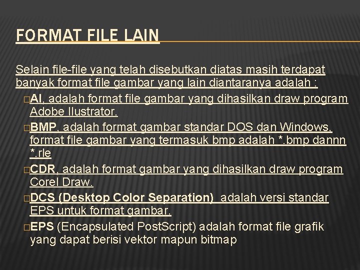 FORMAT FILE LAIN Selain file-file yang telah disebutkan diatas masih terdapat banyak format file