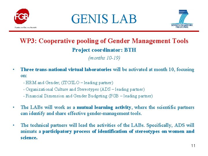 GENIS LAB WP 3: Cooperative pooling of Gender Management Tools Project coordinator: BTH (months