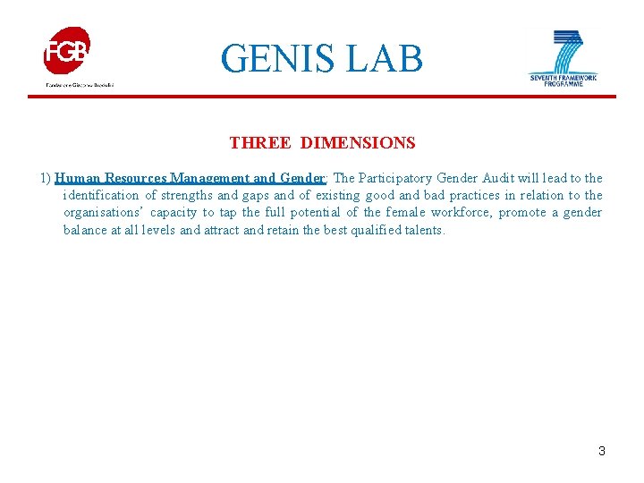 GENIS LAB THREE DIMENSIONS 1) Human Resources Management and Gender: The Participatory Gender Audit
