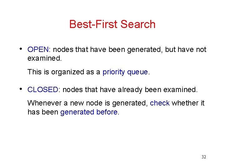 Best-First Search • OPEN: nodes that have been generated, but have not examined. This