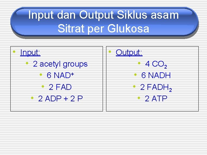 Input dan Output Siklus asam Sitrat per Glukosa • Input: • 2 acetyl groups