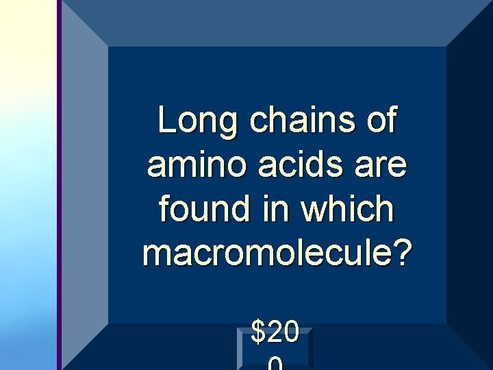 Long chains of amino acids are found in which macromolecule? $20 