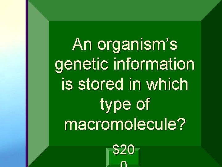 An organism’s genetic information is stored in which type of macromolecule? $20 