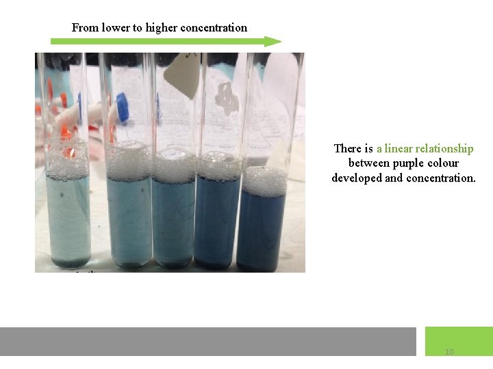 From lower to higher concentration There is a linear relationship between purple colour developed