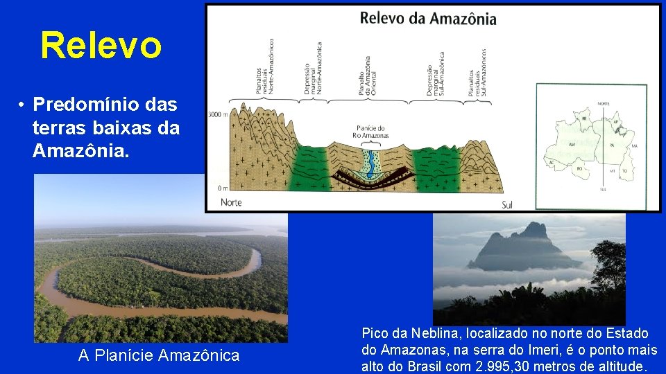 Relevo • Predomínio das terras baixas da Amazônia. A Planície Amazônica Pico da Neblina, Relevo • Predomínio das terras baixas da Amazônia. A Planície Amazônica Pico da Neblina,