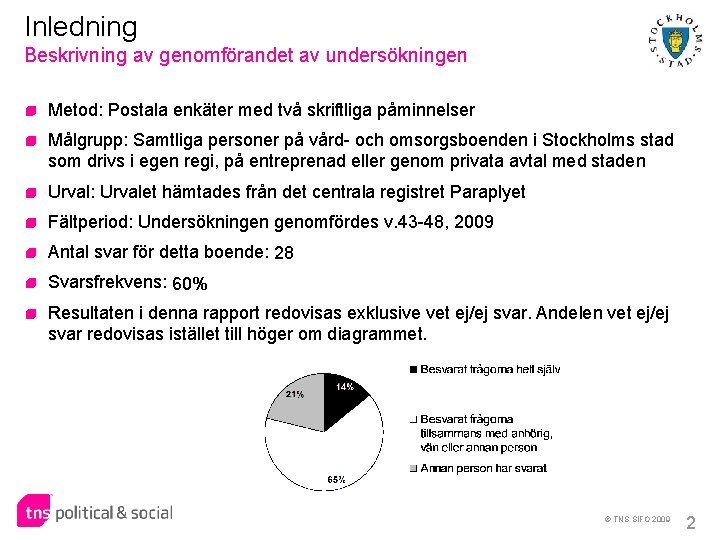 Inledning Beskrivning av genomförandet av undersökningen Metod: Postala enkäter med två skriftliga påminnelser Målgrupp: