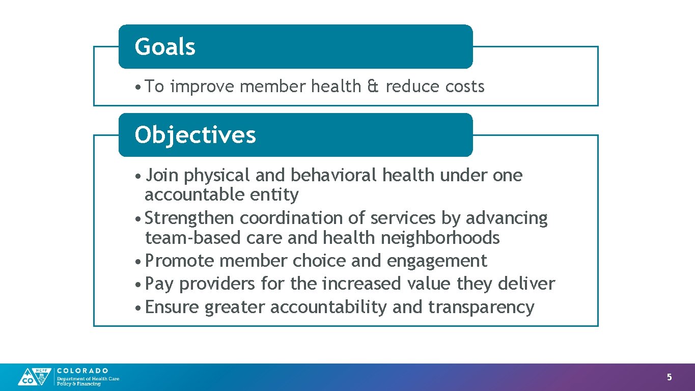 Goals • To improve member health & reduce costs Objectives • Join physical and