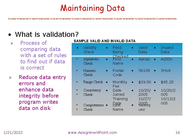 Maintaining Data Computer fundamentals Computer fundamentals • What is validation? Ø Ø Process of