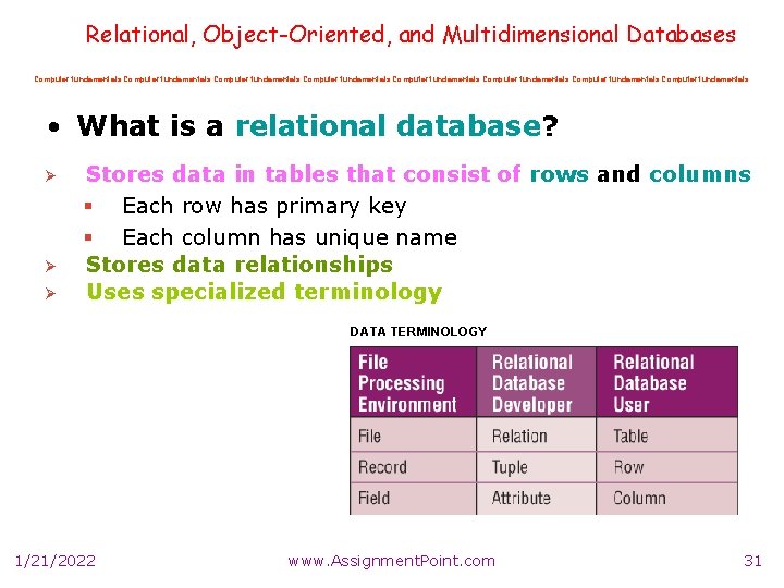 Relational, Object-Oriented, and Multidimensional Databases Computer fundamentals Computer fundamentals • What is a relational