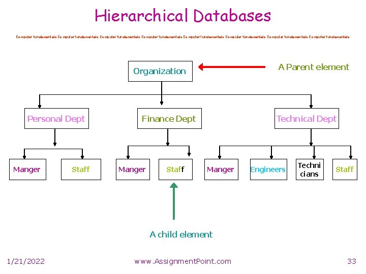 Hierarchical Databases Computer fundamentals Computer fundamentals A Parent element Organization Personal Dept Manger Staff