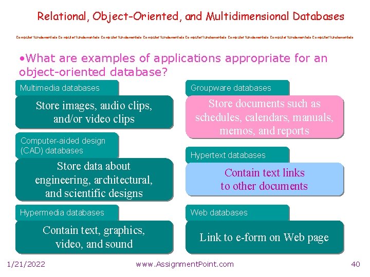 Relational, Object-Oriented, and Multidimensional Databases Computer fundamentals Computer fundamentals • What are examples of