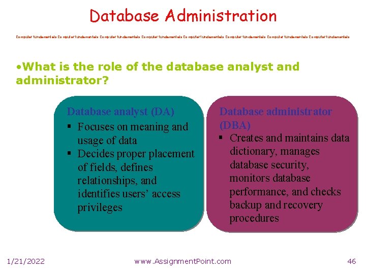 Database Administration Computer fundamentals Computer fundamentals • What is the role of the database