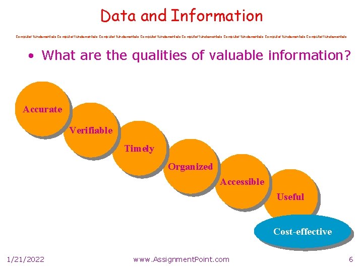 Data and Information Computer fundamentals Computer fundamentals • What are the qualities of valuable