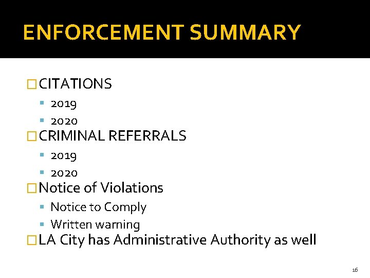 ENFORCEMENT SUMMARY �CITATIONS 2019 2020 �CRIMINAL REFERRALS 2019 2020 �Notice of Violations Notice to