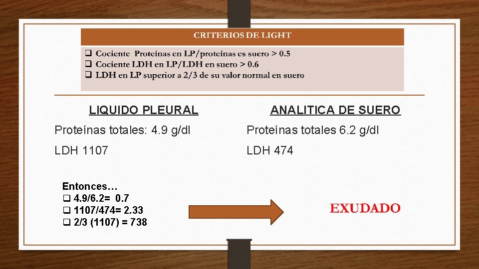 LIQUIDO PLEURAL ANALITICA DE SUERO Proteínas totales: 4. 9 g/dl Proteínas totales 6. 2