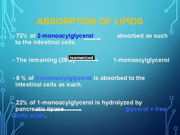 ABSORPTION OF LIPIDS - 72% of 2 -monoacylglycerol to the intestinal cells. absorbed as