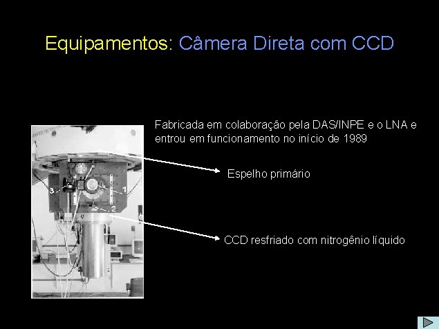 Equipamentos: Câmera Direta com CCD Fabricada em colaboração pela DAS/INPE e o LNA e