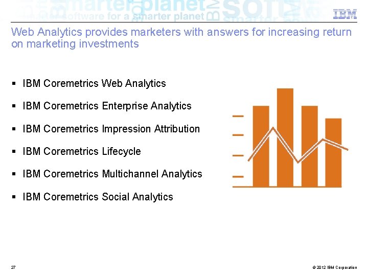 Web Analytics provides marketers with answers for increasing return on marketing investments § IBM