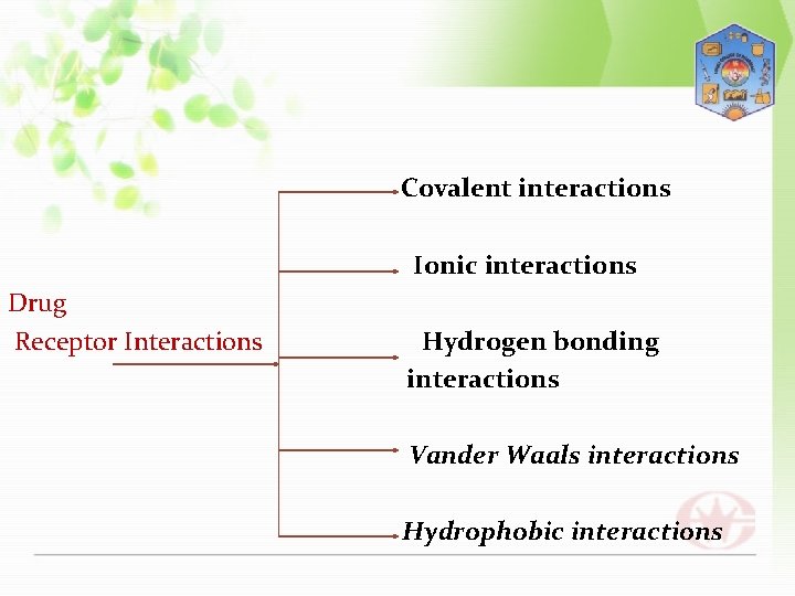 Covalent interactions Ionic interactions Drug Receptor Interactions Hydrogen bonding interactions Vander Waals interactions Hydrophobic