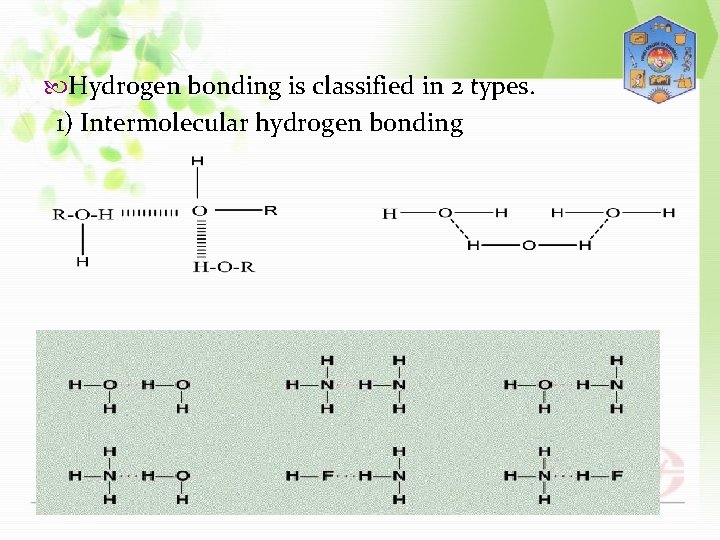  Hydrogen bonding is classified in 2 types. 1) Intermolecular hydrogen bonding 