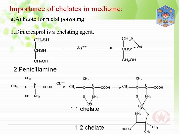Importance of chelates in medicine: a)Antidote for metal poisoning 1. Dimercaprol is a chelating