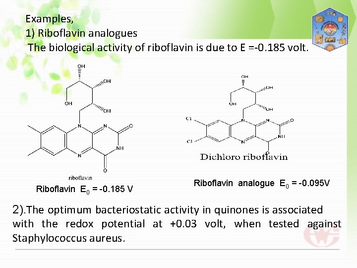 Examples, 1) Riboflavin analogues The biological activity of riboflavin is due to E =-0.