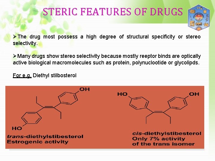 STERIC FEATURES OF DRUGS ØThe drug most possess a high degree of structural specificity