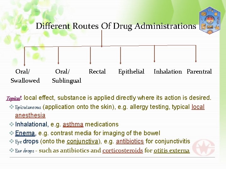 Different Routes Of Drug Administrations Oral/ Swallowed Oral/ Sublingual Rectal Epithelial Inhalation Parentral Topical:
