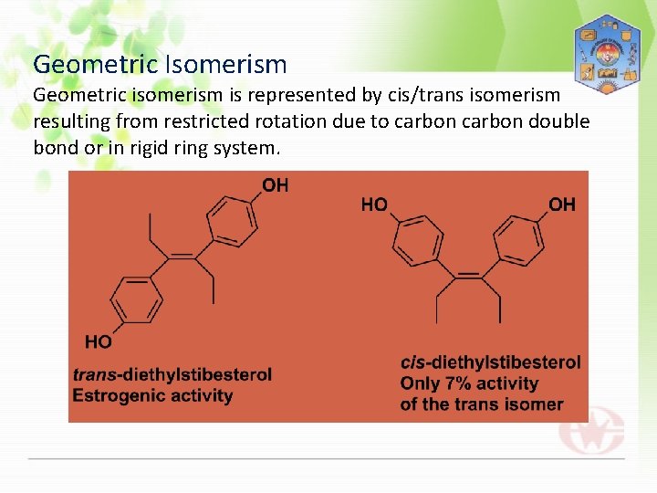 Geometric Isomerism Geometric isomerism is represented by cis/trans isomerism resulting from restricted rotation due